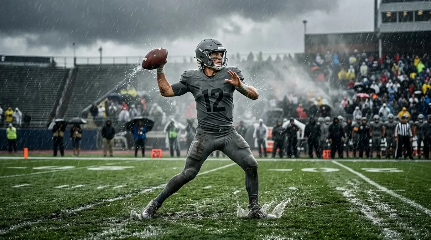 A quarterback throwing into a strong crosswind on a rainy field, illustrating how weather moves NFL passing props